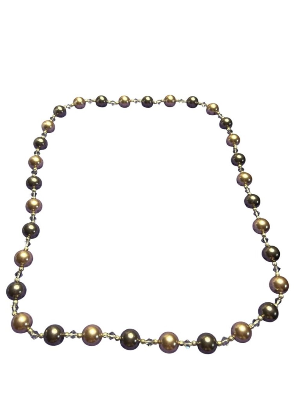 2 Tone Brown Glass Faux Pearl Clear Faceted Beaded Necklace No Clasp 27 inches